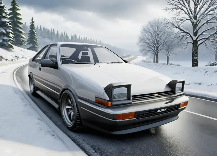 a close up of a car driving on a snowy road