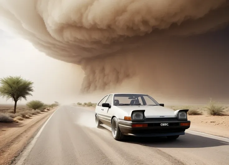 arafed car driving down a desert road with a large cloud of dust in the background