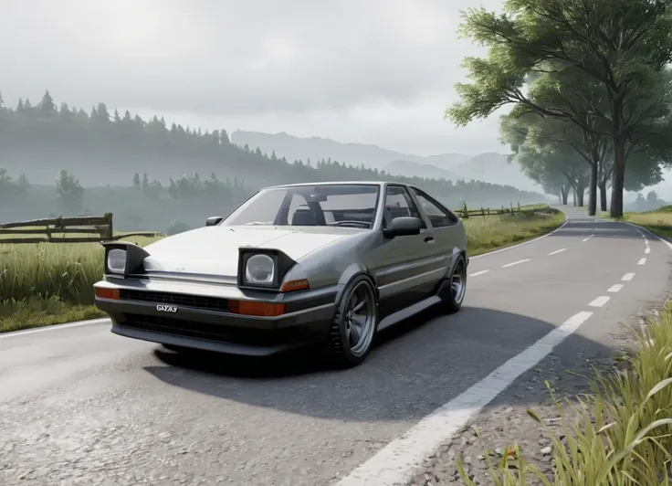 a close up of a car driving down a road near a forest