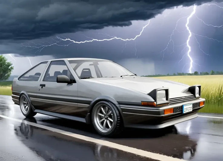 arafed image of a car driving on a wet road with a lightning bolt in the background