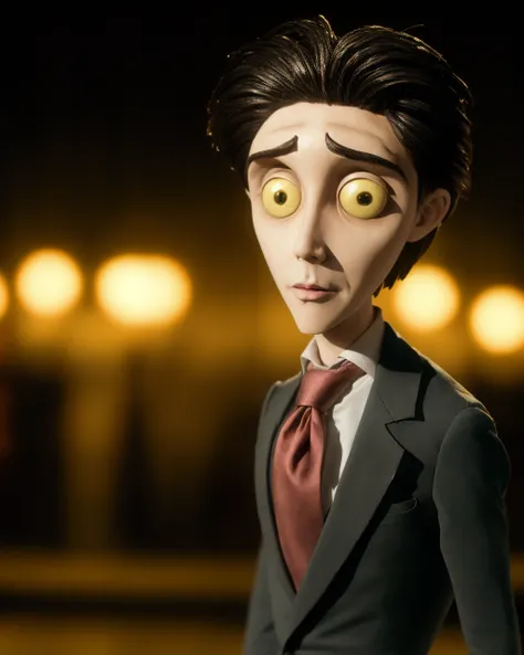 by TimBurton Animation <lora:TimBurton_Animation_offset:1.2>, 1boy, male focus, solo, black hair, necktie, formal, wide-eyed, suit, blurry, upper body, jacket, night, shirt