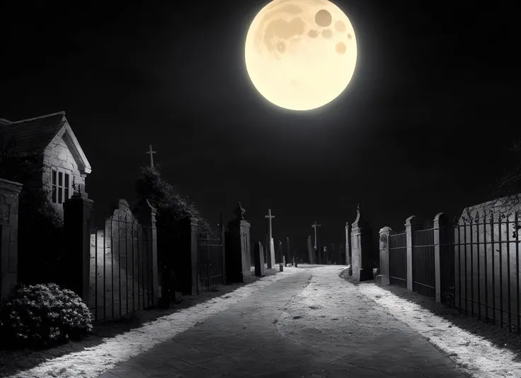 by TimBurton Animation <lora:TimBurton_Animation_offset:1>, horror (theme), moon, night, dark, no humans, full moon, scenery, outdoors, sky, cemetery, tombstones, (monochrome:0.5), gate, house, statues