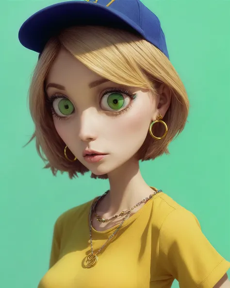 by TimBurton Animation <lora:TimBurton_Animation_offset:1>, horror (theme), wide eyes, masterpiece, best quality, 1girl, aqua eyes, baseball cap, blonde hair, closed mouth, earrings, green background, hat, hoop earrings, jewelry, looking at viewer, shirt, ...