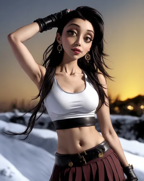 by TimBurton Animation <lora:TimBurton_Animation_offset:1.4>, horror (theme), wide eyes, night,  tifa lockhart, 1girl, thick lips, arm up, armpits, artist name, belt, black hair, breasts, brown eyes, cleavage, closed mouth, collarbone, crop top, earrings, ...