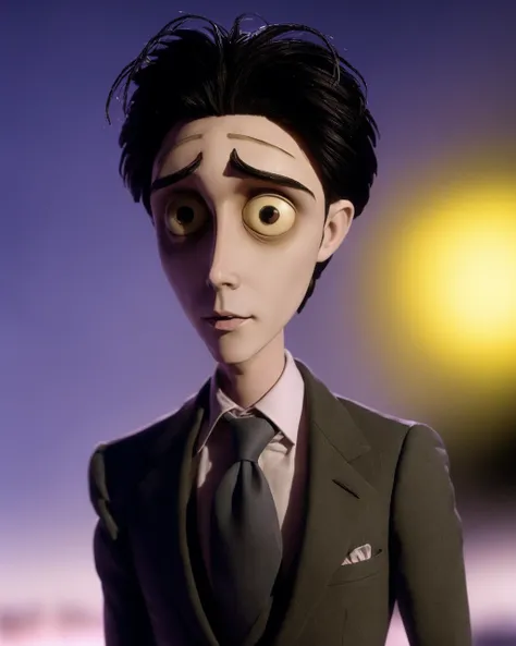 by TimBurton Animation <lora:TimBurton_Animation_offset:1.2>, 1boy, male focus, solo, black hair, necktie, formal, wide-eyed, suit, blurry, upper body, jacket, night, shirt