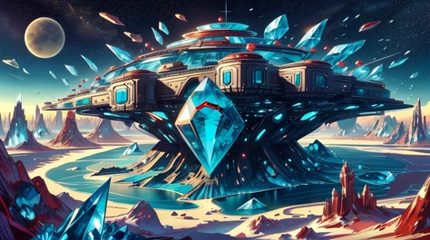 a painting of a futuristic spaceship flying over a desert