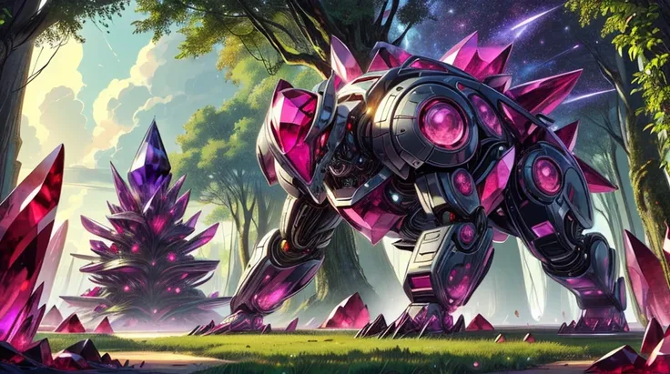 a close up of a giant robot in a forest