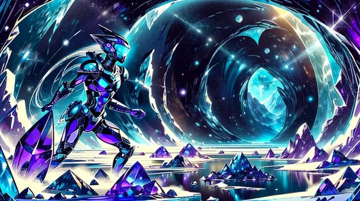 a man in a futuristic suit standing in front of a blue and purple vortex