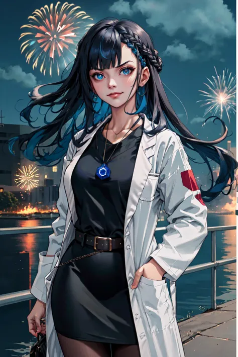 partying,  fire in the background,  fireworks on the 4th of july, civitai-chan,  braided bangs,  labcoat,  shirt,  shirt tucked in,  single vertical stripe,  black skirt,  pencil skirt,  pantyhose,  necklace,  belt, crazed expression, smirk, wide eyes, ins...