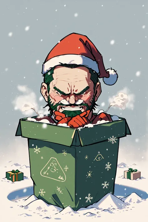 a cartoon of a man in a santa hat sitting in a box