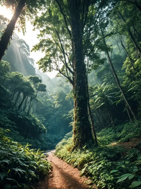 a view of a dirt path through a lush green forest