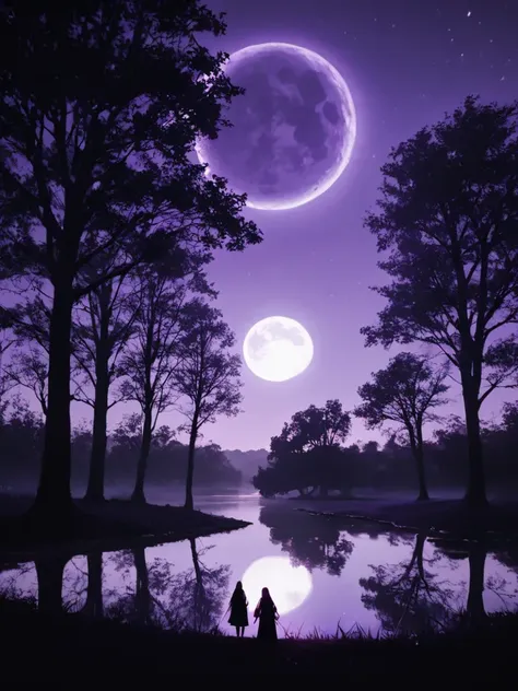 purple moon and two people standing in front of a lake