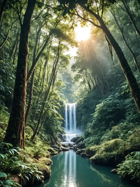 a view of a waterfall in a forest with a sun shining through the trees