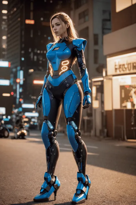 a woman in a blue suit standing on a city street