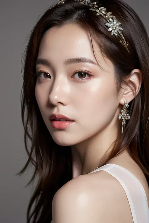 a close up of a woman wearing a white dress and a gold headband