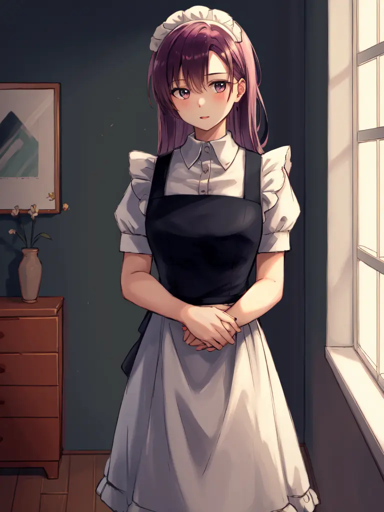 <lora:brunnya_fe-10:0.7>, brunnya fe, masterpiece, best quality, 1girl, standing, maid, indoors, (dim lighting:1.2), rim lightin...