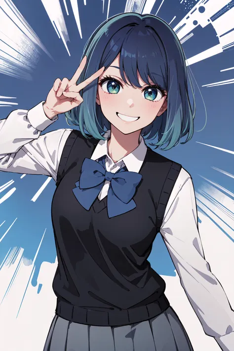 anime girl with blue hair and black vest holding up a finger