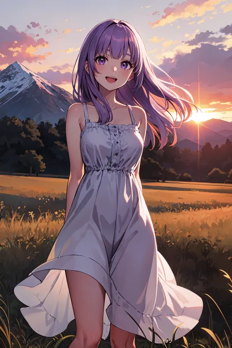 anime girl in a field with mountains in the background