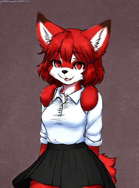 (fluffy anthro furry:1.3), 1girl, solo, red hair,  short hair, (red eyes:1.2), dog ears, shirt,sleeves, blue skirt, <hypernet:fu...