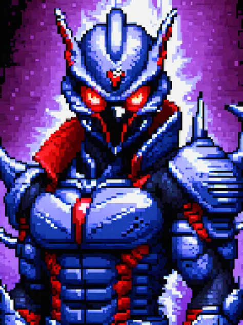 yamer_pixel_fusion, illustration, guyver, tail, black eye sockets, red eye sockets, black armor coat, red and black color, sharp gloves, sharp claws, standing, fighting stance, steam background, looking at viewer, dynamic light, ultra detail, extremely det...