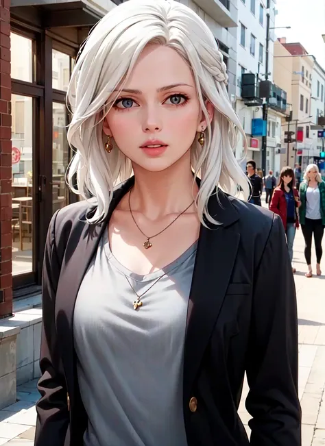 (anime screencap), anime coloring, <lora:liv_moore_offset:0.5>, liv moore, 1girl, solo, blonde hair, white hair, jewelry, jacket, necklace, parted lips, blurry, realistic, upper body, blurry background, shirt, looking at viewer, open jacket, meme, open clo...