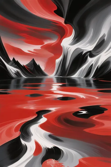 painting of a red and black mountain landscape with a river