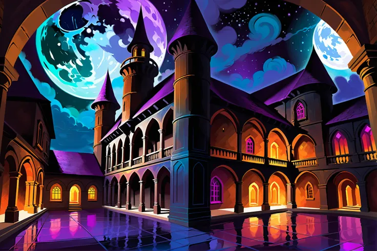 digital painting, photoshop fine oil brush set, colorful midnight, dark sky, architecture, indoor Slutcore hamlet in a Chronomancers Time-lost Isle<lora:EnvyMoonriseXL01:1.25@0,0@0.5>