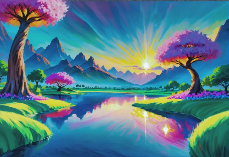 a painting of a beautiful sunset with trees and a lake