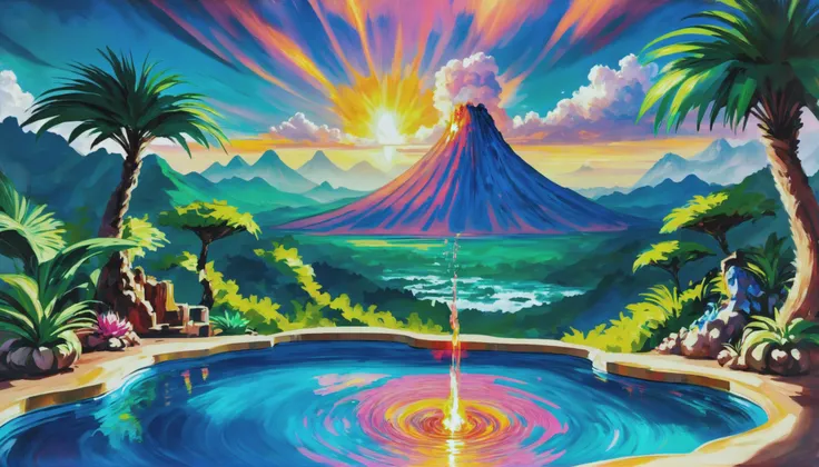 painting of a volcano with a pool and palm trees in the foreground