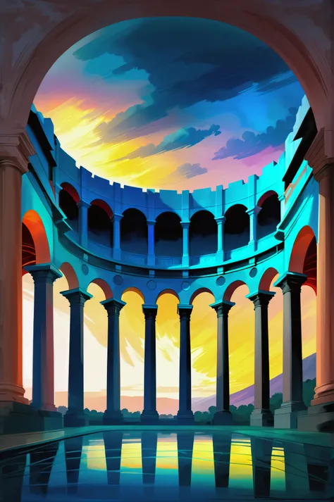 digital oil painting, mystical sunset, dark sky, architecture, Exo-tech Ancient coliseum <lora:EnvyMoonriseXL01:1><lora:EnvyAnimeOilXL01:1>