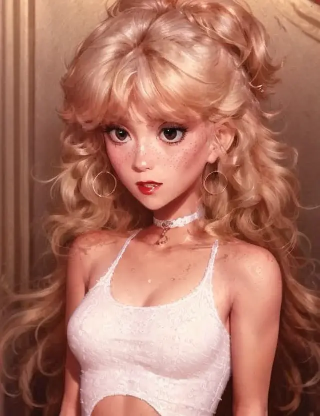 1girl, backlighting, bare shoulders, black choker, blurry, blurry background, blush, breasts, choker, cleavage, closed mouth, collarbone, earrings, forehead, freckles, hair over shoulder, jewelry, long hair, looking down, pointy nose, red lips, shadow, sol...