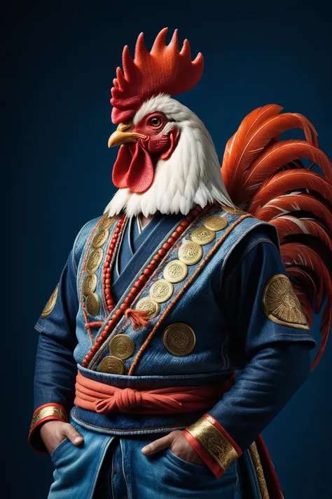 a close up of a man in a blue and red outfit with a rooster on his head