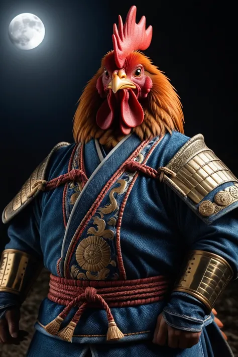 a close up of a chicken wearing a blue outfit and a red rooster