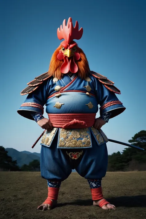 a close up of a man in a samurai outfit with a rooster on his head