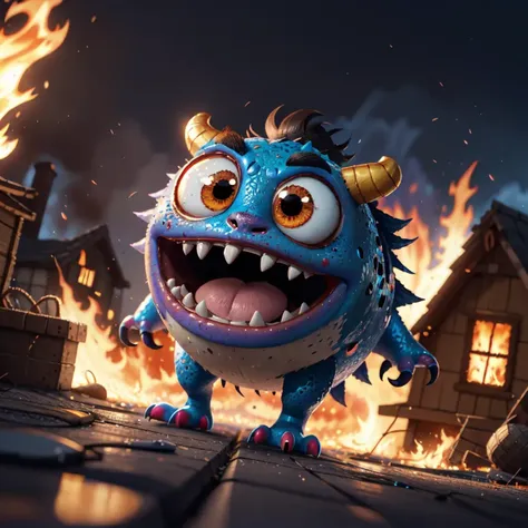 a blue monster with horns and horns standing in front of a fire