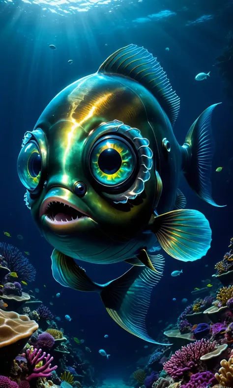 Barreleye Fish, embodying deepsea mystery, highlight transparent head, tubular eyes, streamlined body, infuse with atmospheric detail  bioluminescent glimmer, abyssal darkness at ocean depths, conclude with a scifi allure, in the style of Jules Vernes Twen...