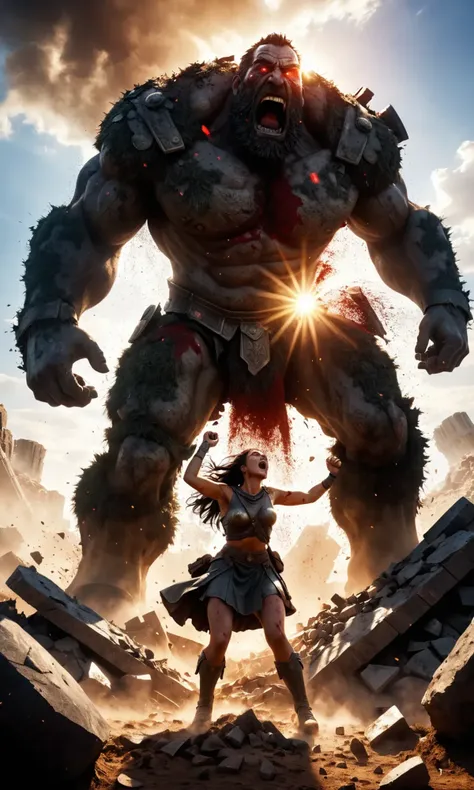 Stone giant reigns on battlefield, crushing a war girl, holding a struggling war man, scene bathed in dying sunlight, battlefield filled with remnants of fallen warriors, air thick with dust and scent of blood, mans screams break silence, giant symbolizes ...