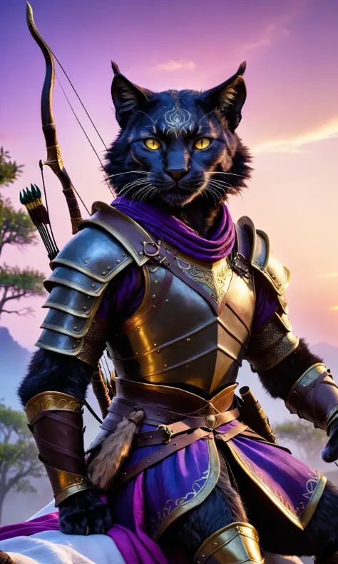 Tabaxi archer in twilight setting, skilled warrior with dark fur and golden eyes, wearing worn leather armor, wields a bow carved from ancient trees, lounges on white sheet, confident smirk on face, scene has purple, pink and blue sky, soft lighting, hint ...