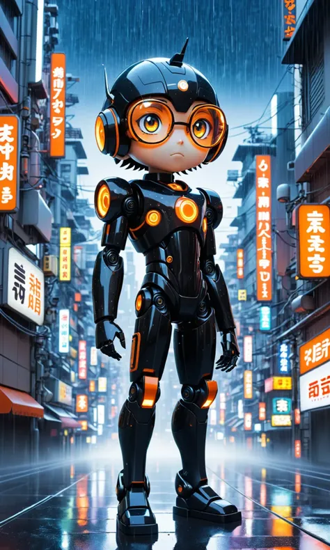 Robot traveler  manga, fuse scifi with shonen flair, highlight black body, orange eye, arsenal, underscore with Pavels youth, glasses, innocence, blend with atmospheric detail  neonlit rain, dusk at futuristic cityscape, end with a nod to Astro Boy, in the...