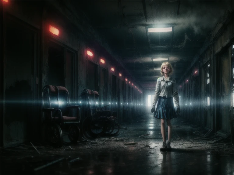 ((Professional Photograph of a lone teenage girl exploring an abandoned hospital)), solo, (blonde haired teenage girl, school girl outfit), scared look, innocent teenager fleeing from something, (holding a retro flashlight, lighting up dark area, lightbeam...