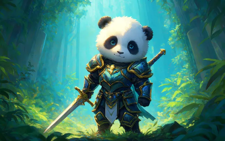 a super cute anthro humanoid giant panda chibi knight, wearing armor, wielding glowing sword, helmet, fantasy jungle temple in background