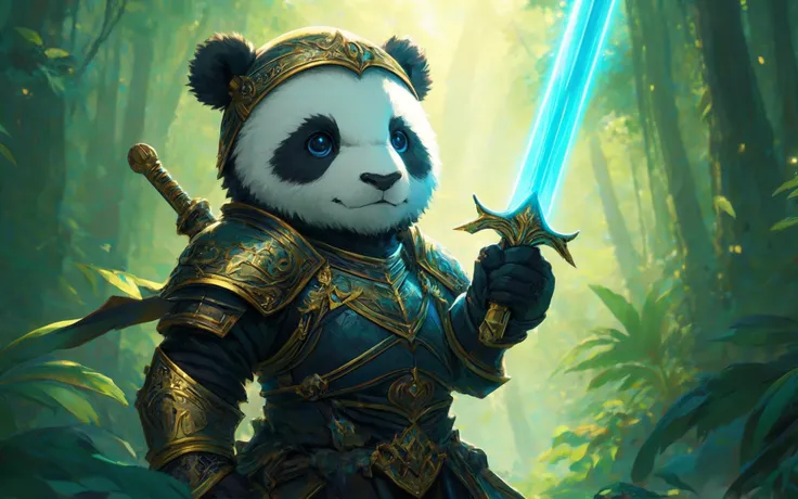 a (super cute:0.5) anthro humanoid giant panda chibi knight, wearing armor, wielding glowing sword, helmet, fantasy jungle temple in background