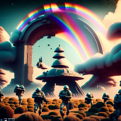 photo, a picture of a strange looking structure in the middle of a field with a rainbow in the background Spacewar style a group of soldiers standing in front of a giant moon  <lyco:JohnsonDesuZenkai-V21-Lyco:0.5>