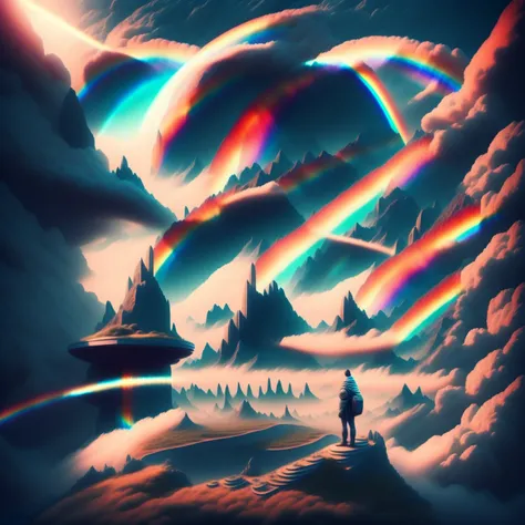 photo, an artists rendering of a futuristic city with a giant ball in the middle RainbowWorld style a man standing on top of a cliff with a rainbow in the sky  <lyco:JohnsonDesuZenkai-V21-Lyco:0.5>