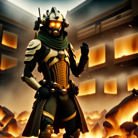 photo, a man in a futuristic suit standing in front of a fire filled city