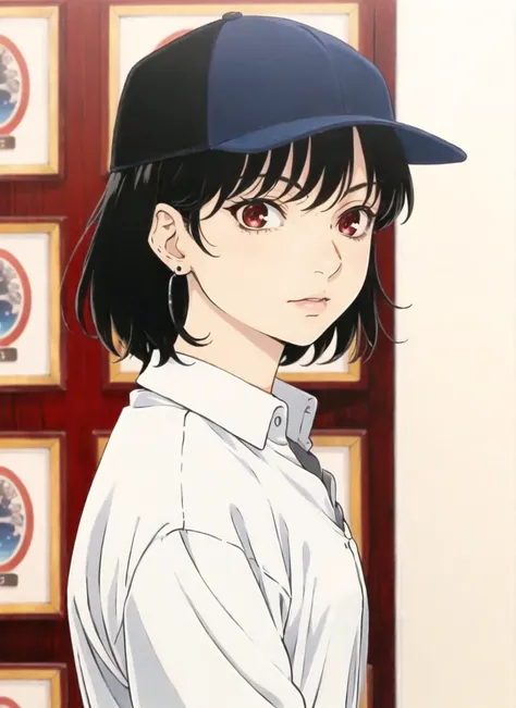 puparia style, anime screencap, 1990s_(style), masterpiece, best quality, 1girl, red eyes, baseball cap, black hair, closed mouth, earrings, looking at viewer,  jewelry,  shirt, short hair, solo, upper body, white shirt  <lora:puparia_style_offset:1>