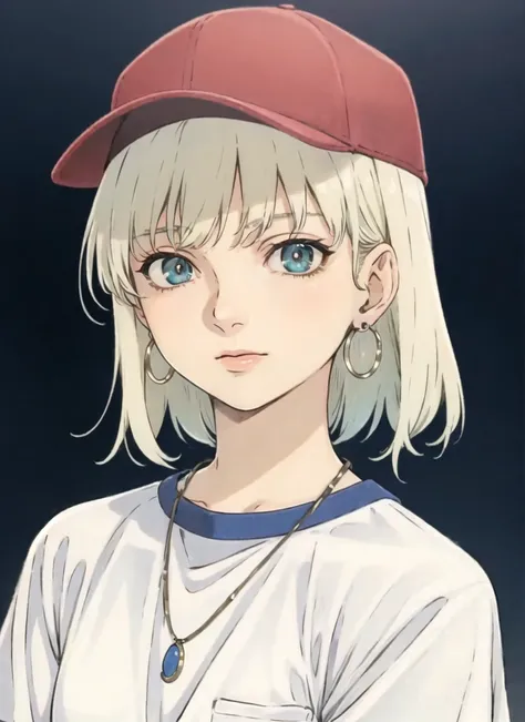 puparia style, anime screencap, 1990s_(style), masterpiece, best quality, 1girl, aqua eyes, baseball cap, blonde hair, closed mouth, earrings, green background, hat, hoop earrings, jewelry, looking at viewer, shirt, short hair, simple background, solo, upp...