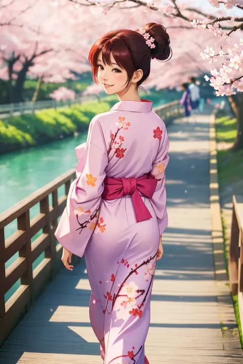 1girl,  back view,  look at viewers, smile, beautiful, walking along the bridge  , colorful Yukata, delicate pattern, beautiful neck , complex background, cherry blossom  
bokeh, depth of field 
best quality, masterpiece, realistic 
 90s anime