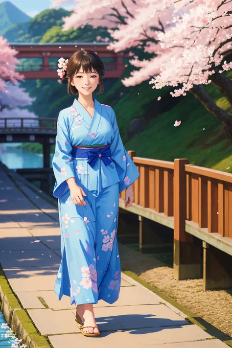 1girl,  smile, beautiful, walking along the bridge  , blue  Yukata, delicate pattern, beautiful neck , complex background, cherry blossom  
bokeh, depth of field 
(realistic, painting by Hasui Kawase:1)