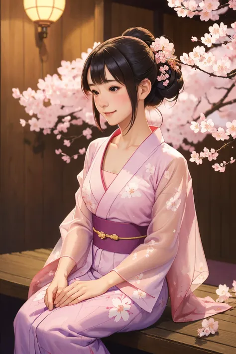 1girl, solo, smile, look away,  beautiful see-through Yukata, delicate pattern, beautiful neck , complex background, cherry blossom  
, (highly detailed:1.2), (photorealistic1.2),
(realistic, painting by Hasui Kawase:1)